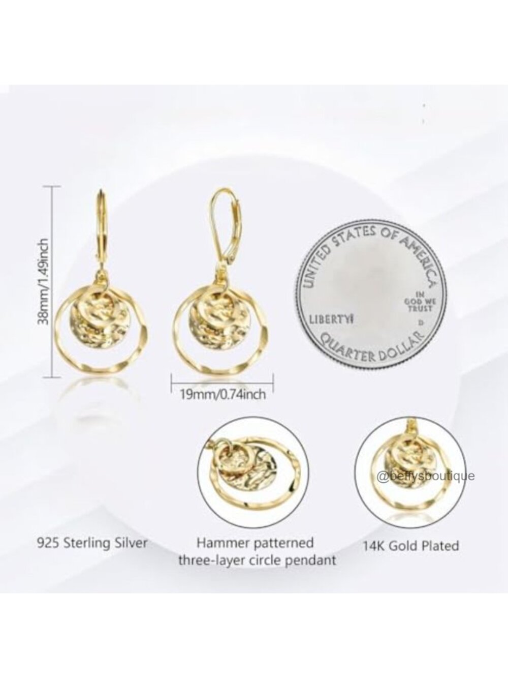 Hand-Hammered Gold Disc Dangle Earrings, Hypoallergenic Leverback - Picture 3 of 5